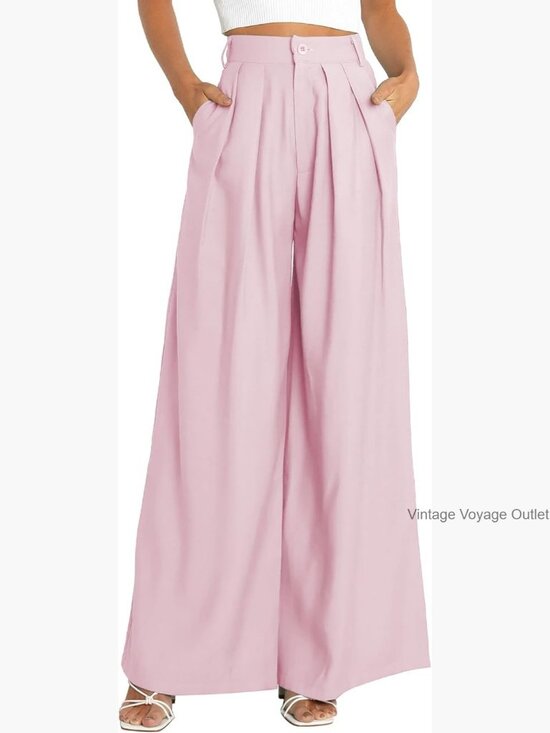 Pants - High Waist Wide Leg Palazzo Pants, Polyester Work Pants with Pockets